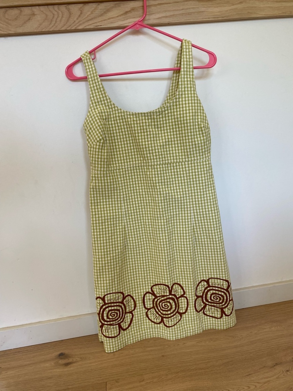 Sleeveless Green Gingham Dress with hand stamped Hem